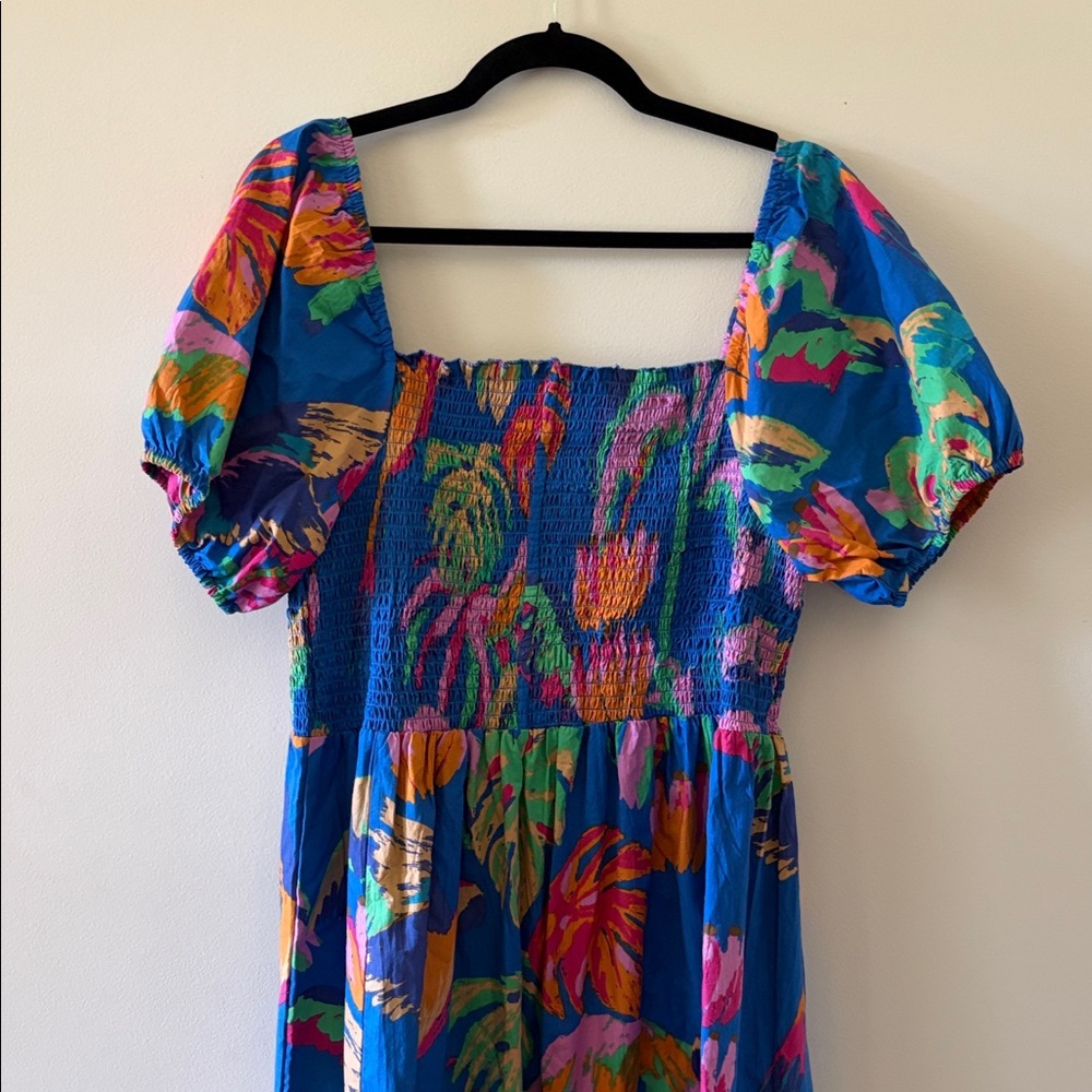 Blue Tropical Print Smocked Maxi Dress SZ PXL - Picture 6 of 7
